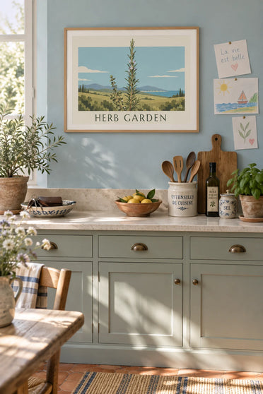 Poster of a botanical plate of thyme and rosemary in bloom: framed on the wall