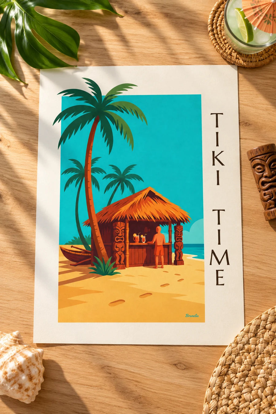 Affiche bar tiki tropical sur la plage et palmiers : petit format A4 encadré