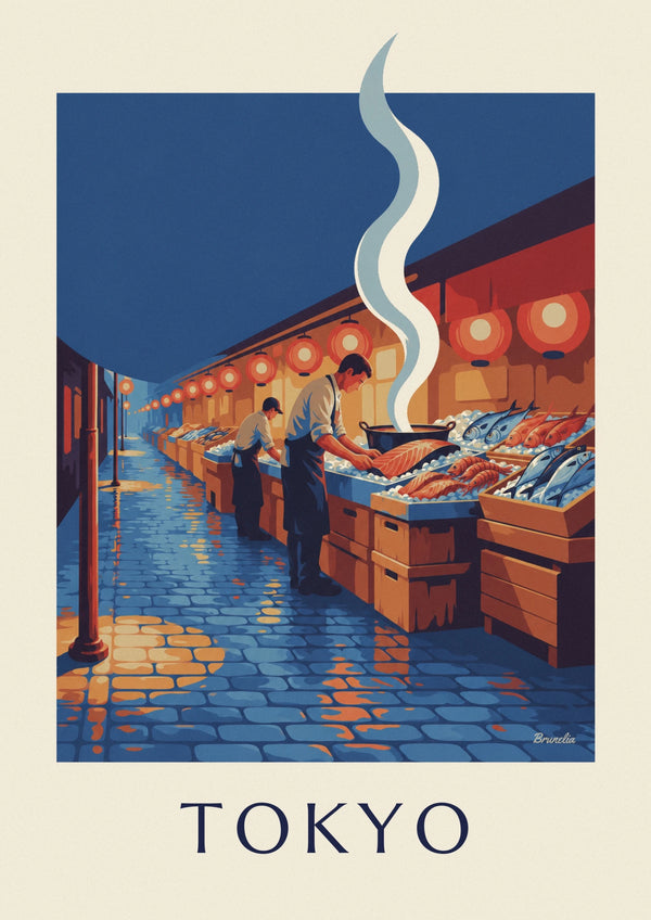 Tokyo fish market under lanterns poster