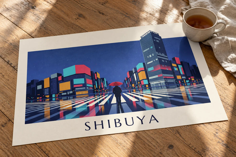Poster Fußgängerüberweg in Shibuya bei Nacht im Regen: auf einem Tisch abgestellt