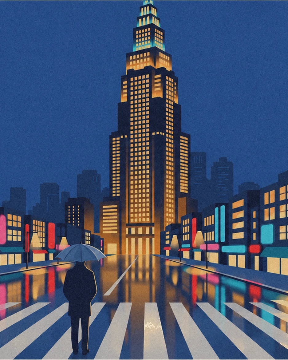 The pedestrian with an umbrella on the crossing, facing the tall tower lit in yellow