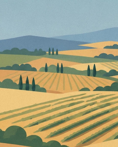 Les collines de blé doré, les cyprès élancés et les rangs verts de la campagne toscane