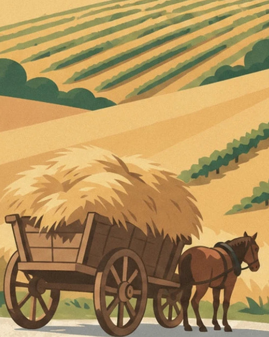 Le cheval brun attelé à une charrette de foin doré devant les collines cultivées