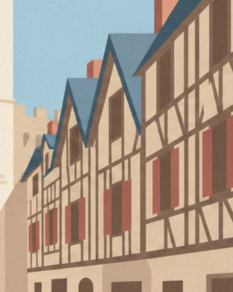 Pointed half-timbered gables with red shutters along the street
