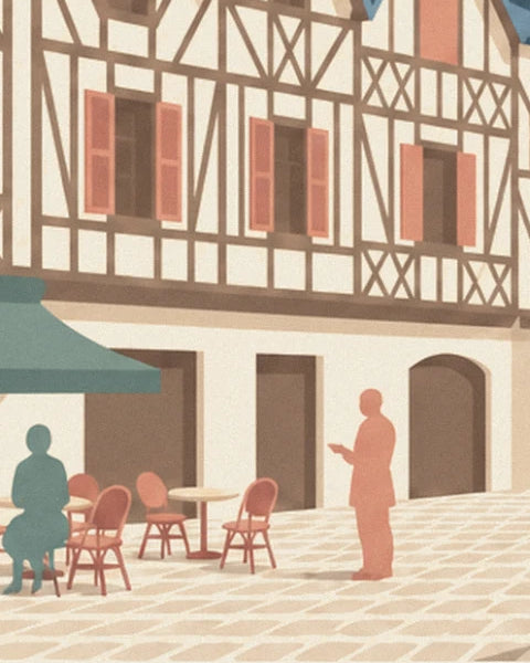 The café terrace beneath its green awning, with 1 seated customer and 1 standing passer-by