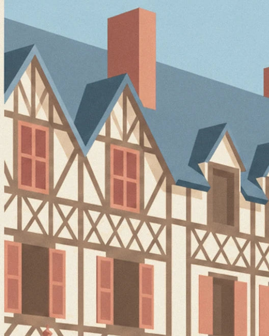 A half-timbered house with a large blue roof, a red chimney and 5 red shutters