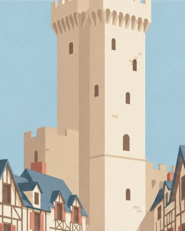 The tall beige crenellated tower against a blue sky, overlooking the blue slate roofs
