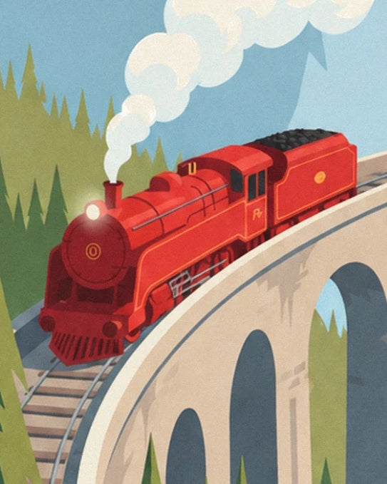 Die rote Lokomotive und ihr mit Kohle gefüllter Tender auf dem Steinviadukt