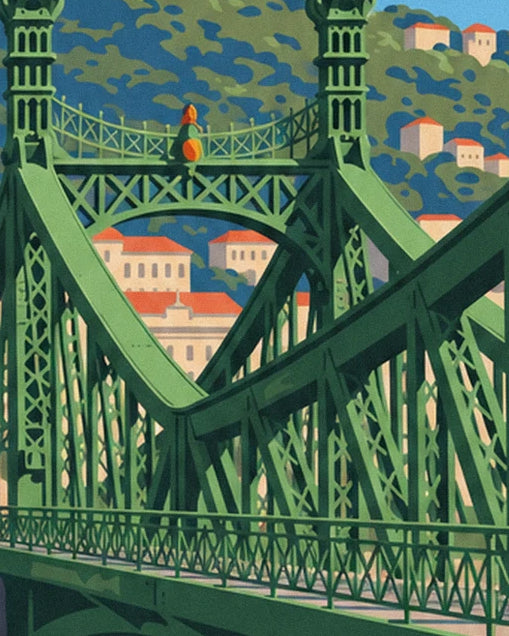 The arches and green cross-bracing of pont de la Liberté in front of the hills
