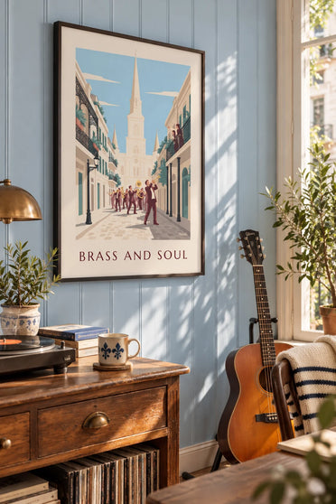 Poster Jazzkapelle im French Quarter von New Orleans: gerahmt an der Wand