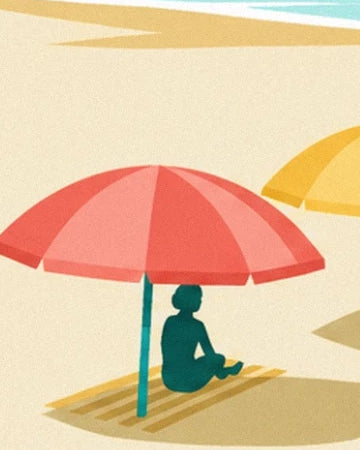 Un personnage assis sur une natte à l'ombre d'un parasol rouge corail