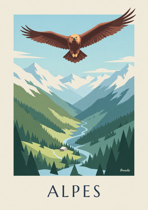 Affiche aigle royal au-dessus d'une vallée des Alpes : l'affiche entière