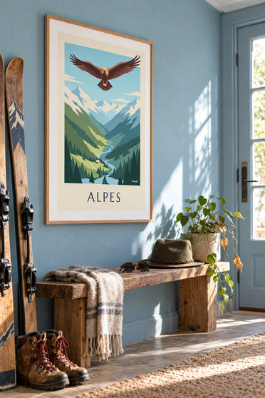 Affiche aigle royal au-dessus d'une vallée des Alpes : encadrée au mur