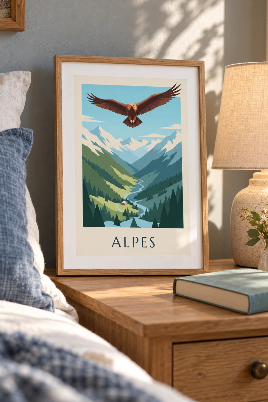 Poster Steinadler über einem Alpental: kleines Format A4 gerahmt