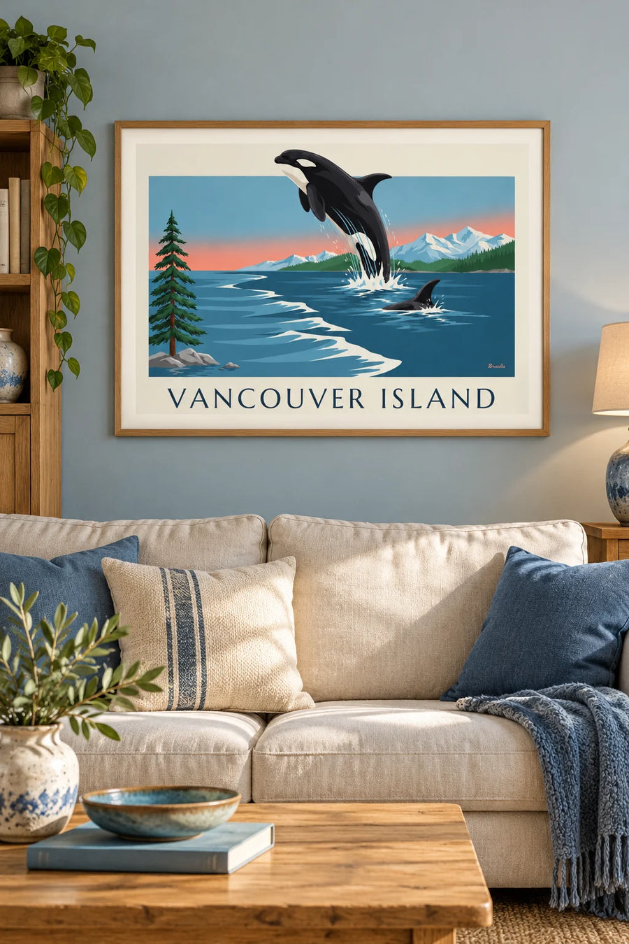 Affiche orque et montagnes de l'île de Vancouver au Canada : encadrée au mur