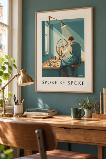 Affiche artisan montant une roue de vélo dans son atelier : encadrée au mur