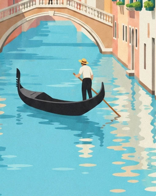 Le gondolier en chemise blanche et chapeau de paille, sur sa gondole noire