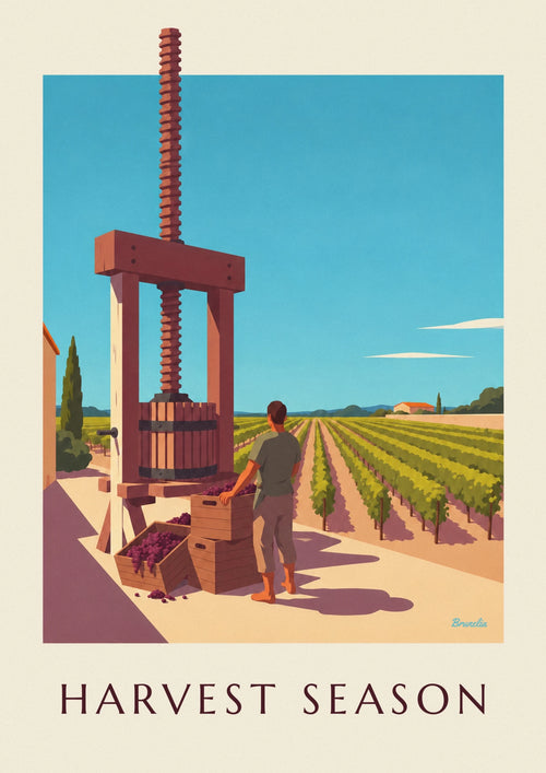 Poster of a wooden grape press at harvest time: the full poster