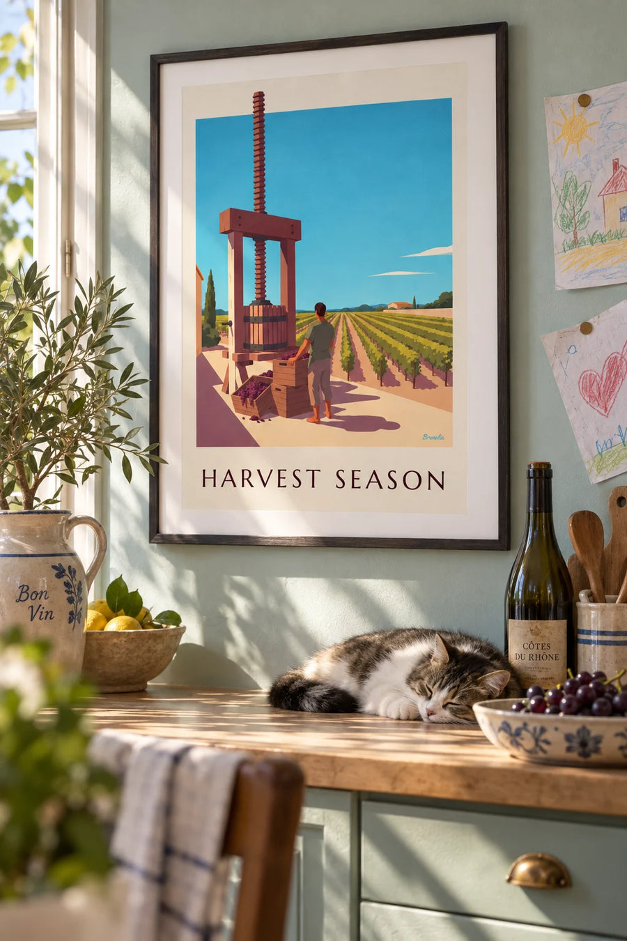 Poster of a wooden grape press at harvest time: framed on the wall