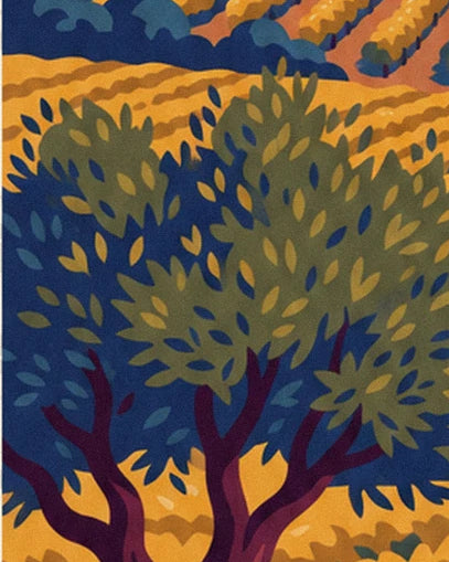 Un olivier aux feuilles vert-de-gris et au tronc violet, planté au milieu des vignes jaunes