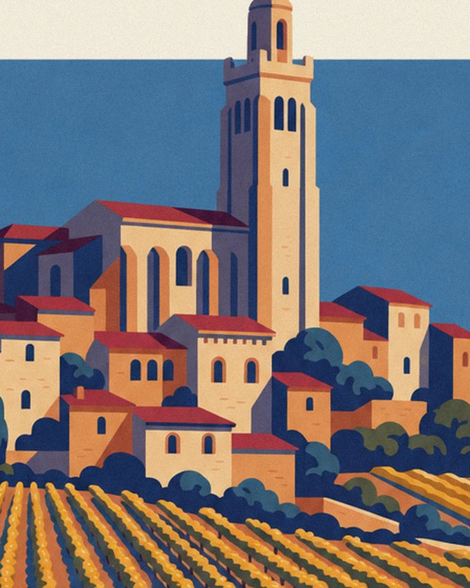 Le village aux toits rouges et son clocher de pierre, au-dessus des vignes