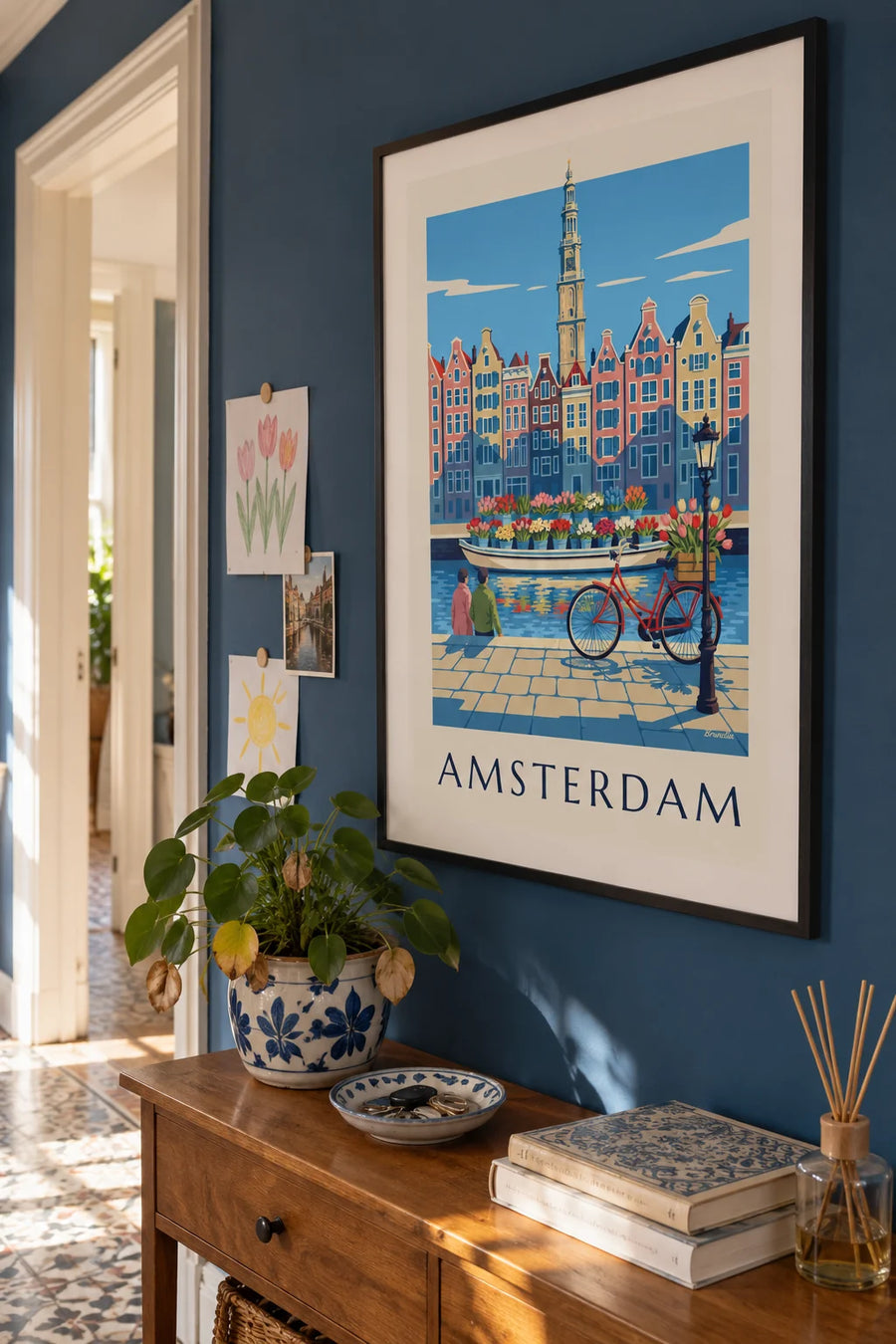 Affiche vélo et tulipes au marché aux fleurs d'Amsterdam : encadrée au mur