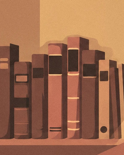 Eine Reihe von Büchern mit rosafarbenen und braunen Rücken und dunklen Etiketten in einem Regal