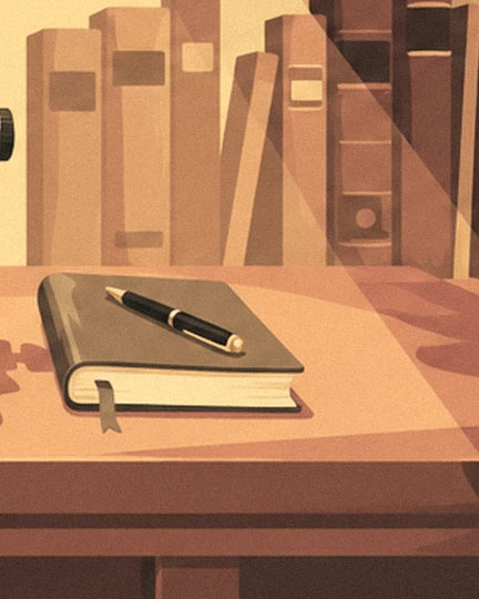 Ein grünes Notizbuch und ein schwarzer Stift auf dem Schreibtisch, vor den Büchern