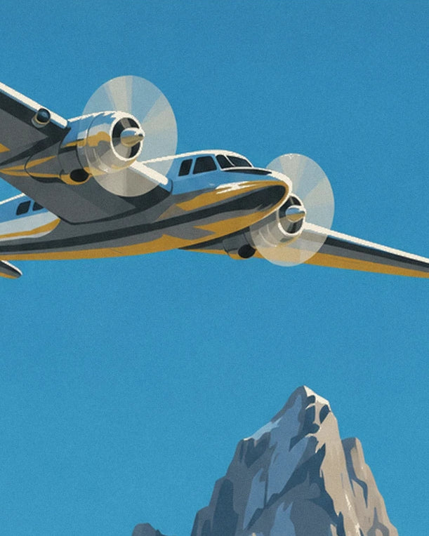 The silver and ochre twin-engine plane, its propellers spinning, facing a rocky peak