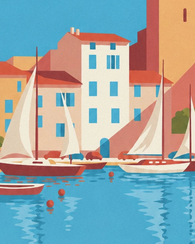 The sailing boats with white sails and red buoys in front of the old harbour façades