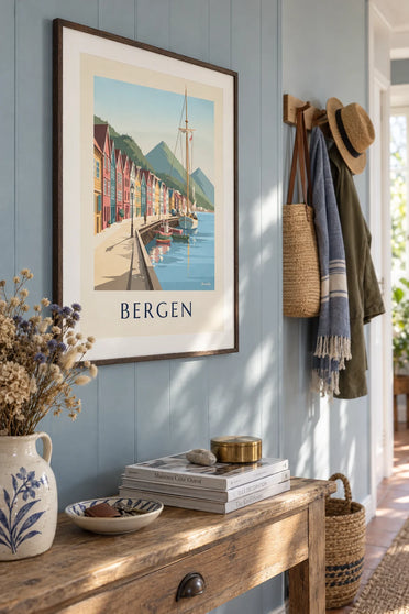 Poster Hanseatische Häuser von Bryggen am Fjord von Bergen: gerahmt an der Wand