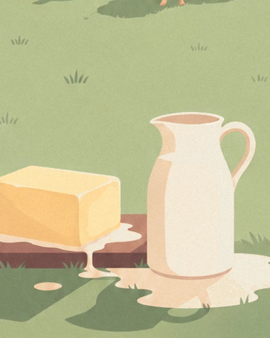 Der cremefarbene Krug und die gelbe Butter auf einem Brett im grünen Gras
