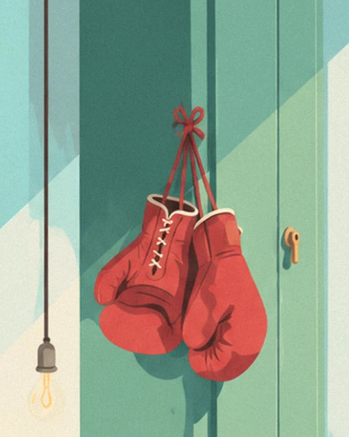 The red boxing gloves hanging by their laces from the green changing room door