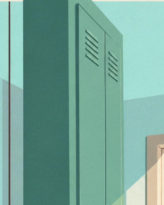 Mint-green metal lockers with ventilation grilles, against a turquoise wall