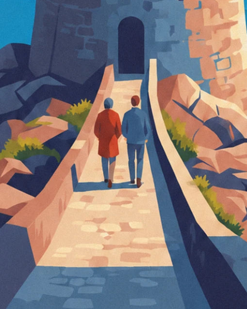 The couple in a red coat and blue jacket walking towards the tower's arched doorway