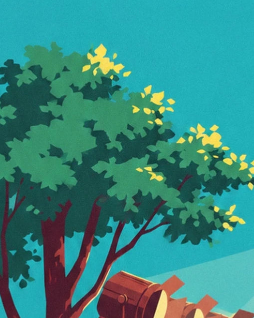 The green and yellow leaves of a tree above the lights on the film set