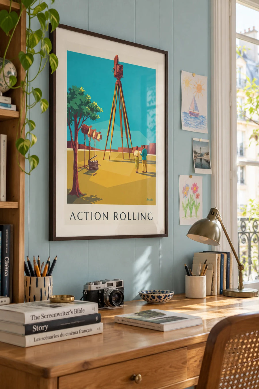 Movie camera on a tripod on a film set poster: framed on the wall