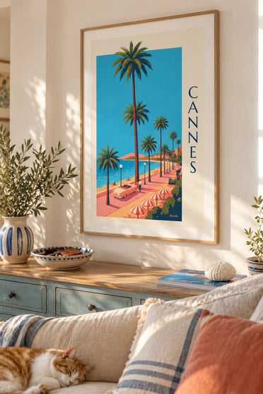 Poster of a convertible and striped parasols on the Croisette in Cannes: framed on the wall