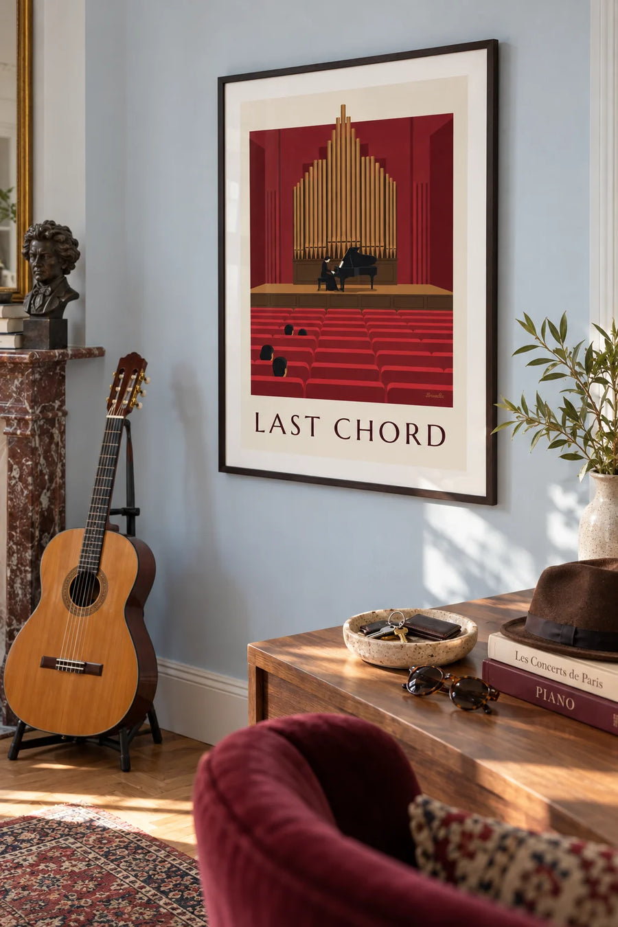 Poster of a pianist and grand piano in a concert hall: framed on the wall