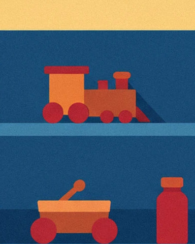Une locomotive orange et rouge sur une étagère, au-dessus d'un chariot à roulettes