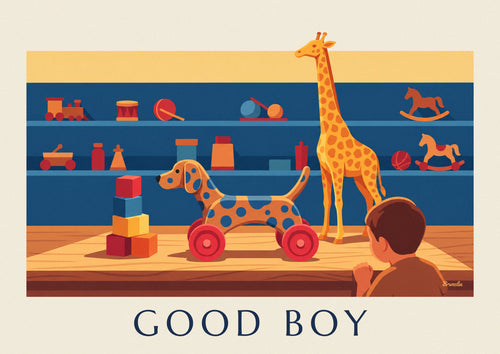 Poster of a wooden pull-along dog in a toy store: the full poster