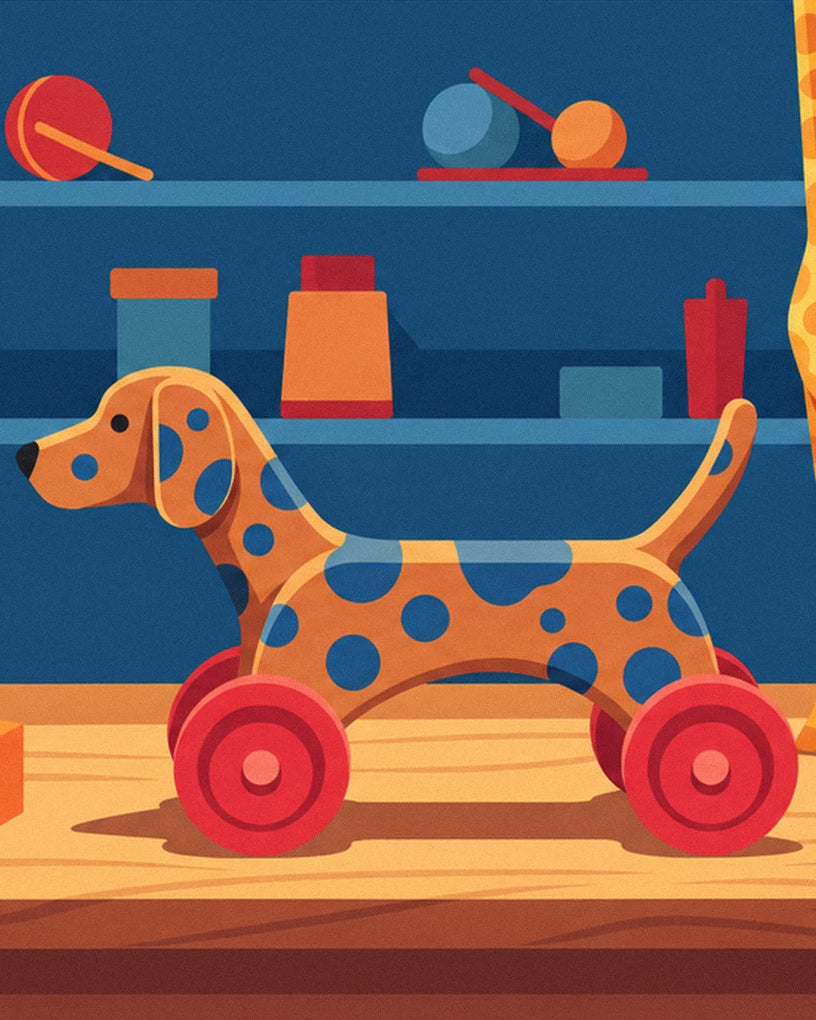 Le chien orange à taches bleues et à roulettes rouges, devant les étagères de jouets
