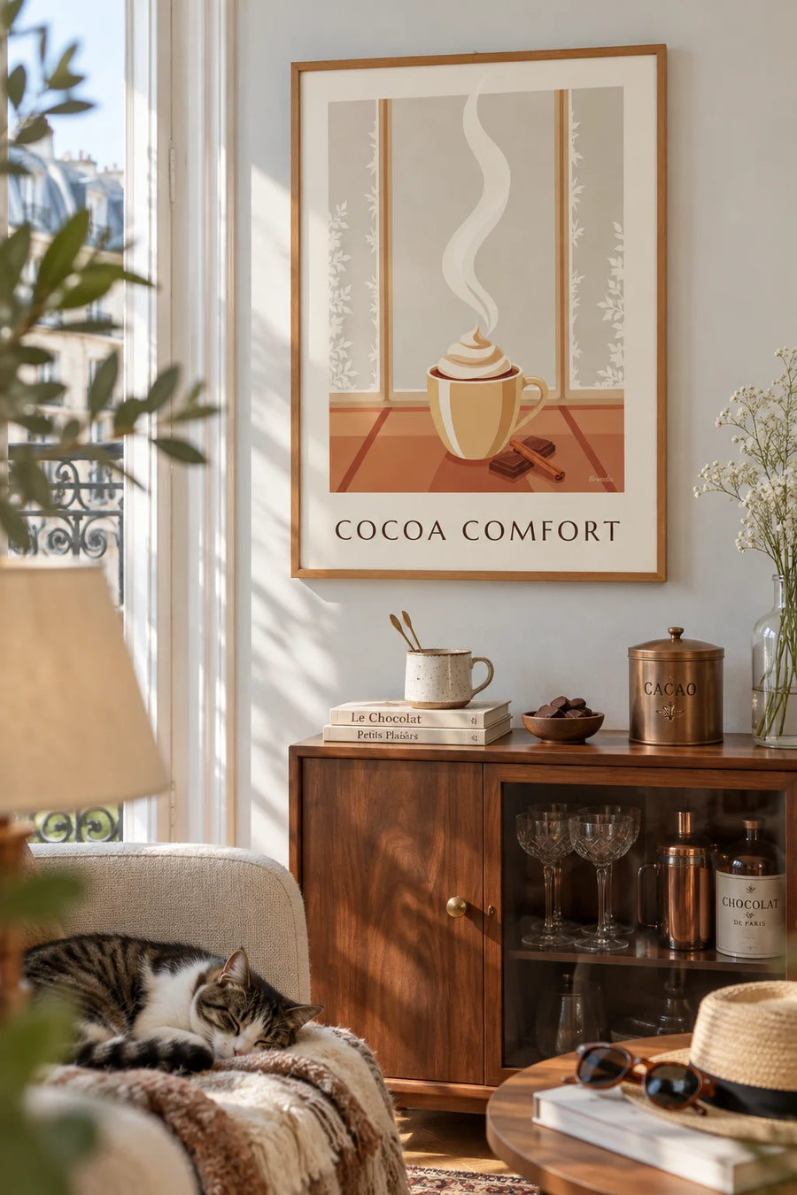 Poster of a steaming cup of hot chocolate by a frosted window: framed on the wall
