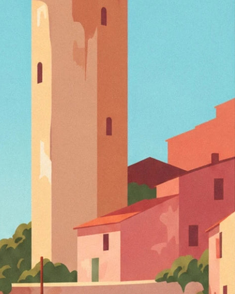 La haute tour ocre et les maisons aux façades roses de Collioure