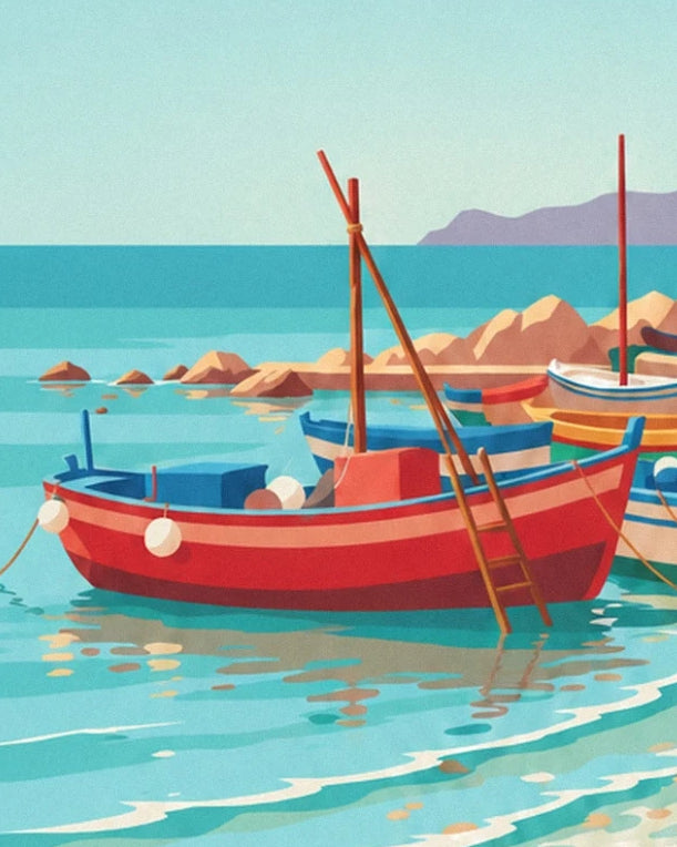 La barque rouge et son échelle de bois dans l’eau turquoise de Collioure