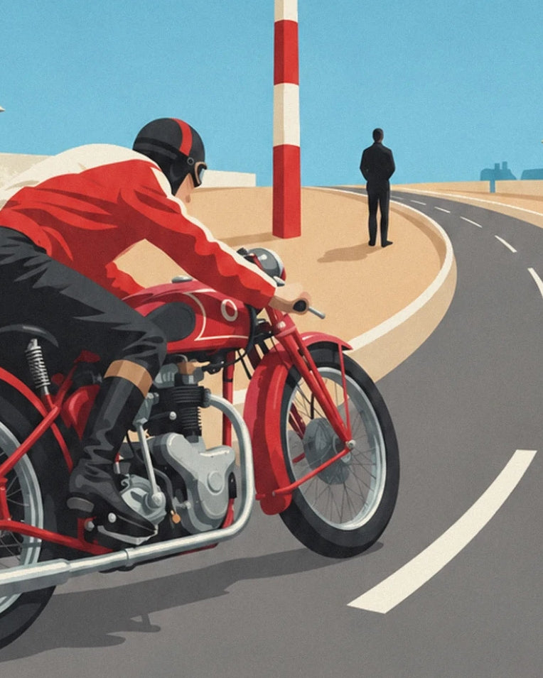 Racing motorcycle leaning into a Grand Prix turn poster: close-up detail