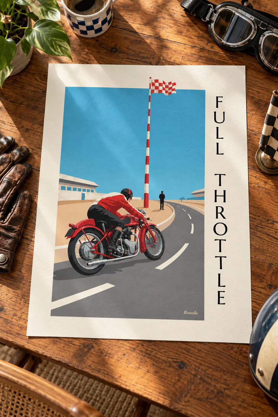 Poster of a racing motorcycle leaning into a Grand Prix turn: resting on a table