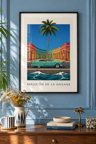Poster mintgrünes Cabrio auf dem Malecón von Havanna: gerahmt an der Wand