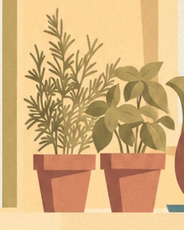 The 2 terracotta pots of herbs with fine and broad leaves