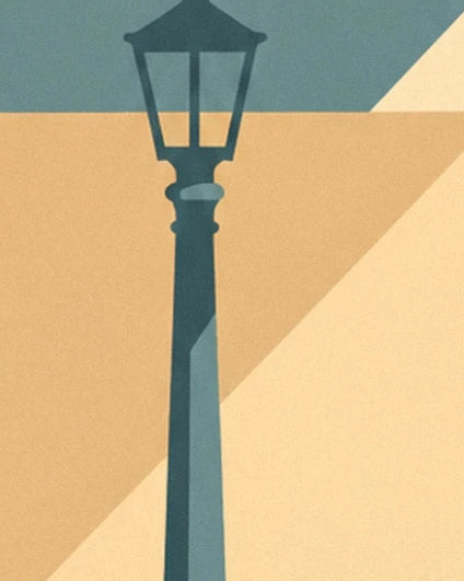 The dark blue floor lamp in front of an ochre wall crossed by a diagonal shadow